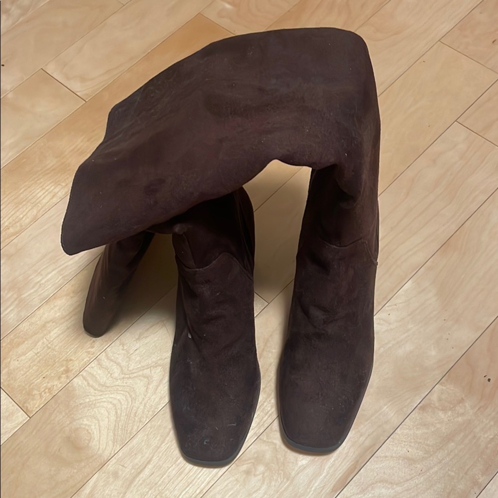 Brown Faux Suede Heeled Knee High Boots - Picture 3 of 6